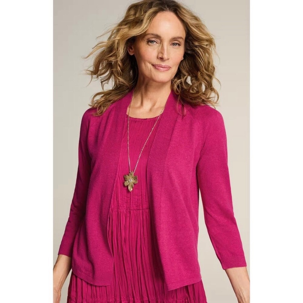 J Jill NWT Textured Linen Cardigan Sweater Large Quiet Luxury Career Cerise Pink